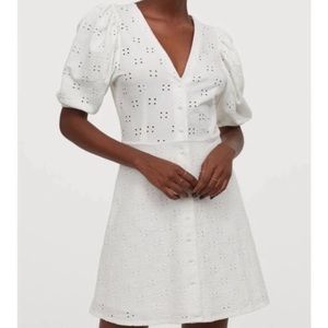 Eyelet button-up dress with puff sleeves